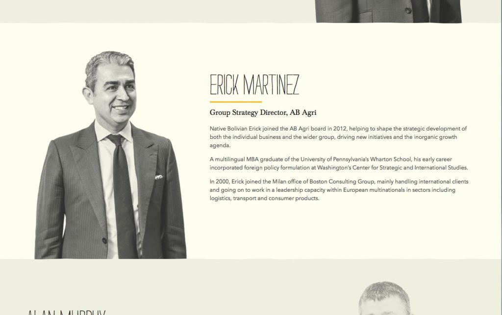 screen shot of black and white business portrait and biography for board member