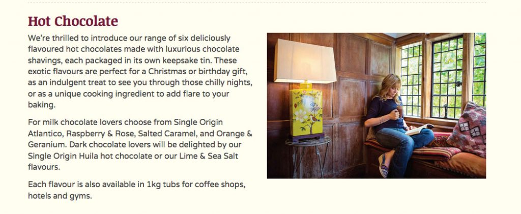 screen shot of choc affair website showing lifestyle portrait of lady drinking hot chocolate