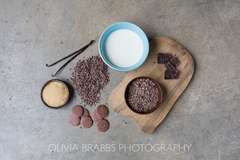 flat lay view of raw chocolate ingredients for choc affair chocolate producer in York