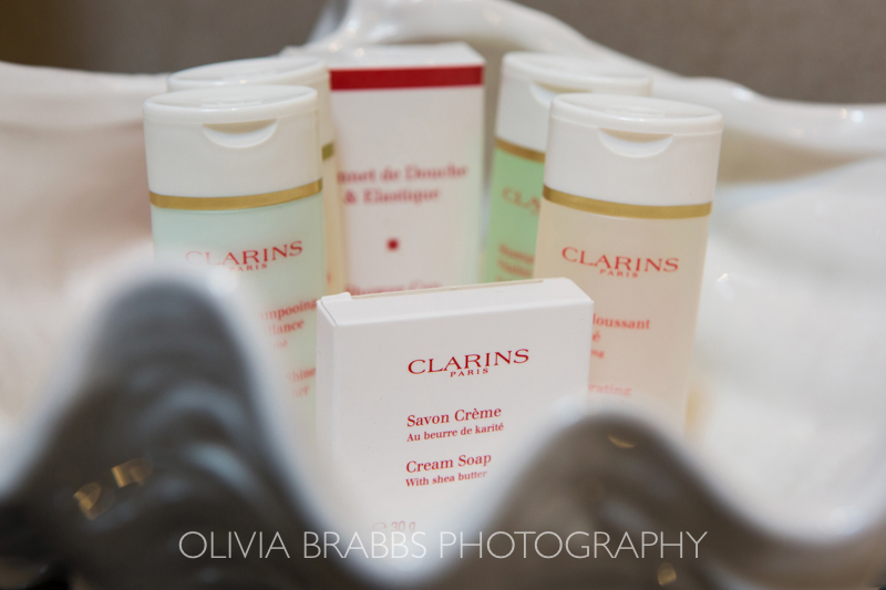 clarins toiletries in bathroom at boutique hotel in york grays court