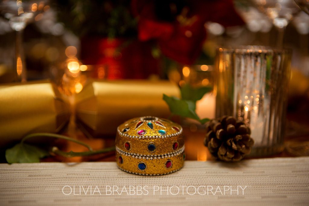 festive table setting with gold and red
