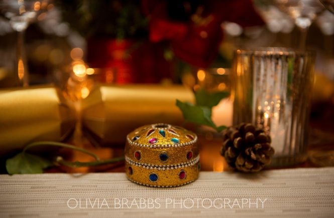 festive table setting with gold and red