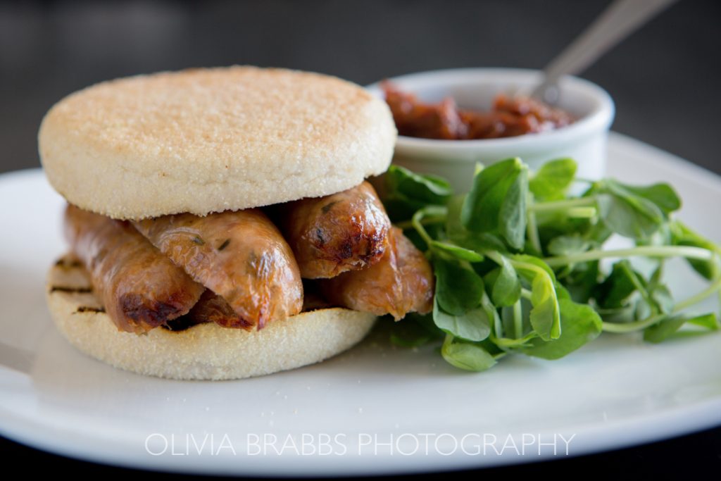 sausage sandwhich with relish on food photography shoot