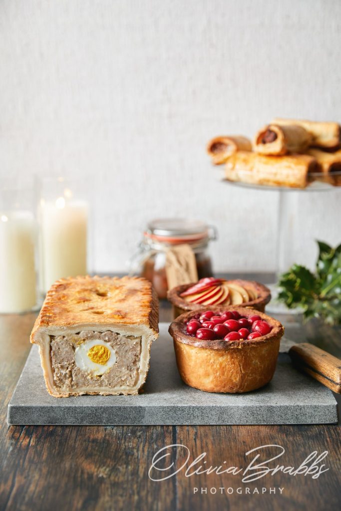 styled food photography of pies and sausage rolls for yorkshire farm shop
