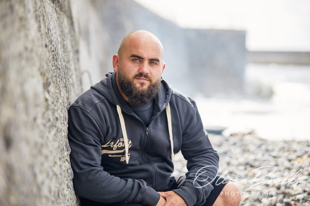 michelin chef nathan davies wearing Lafont workwear hoody on the beach in Wales